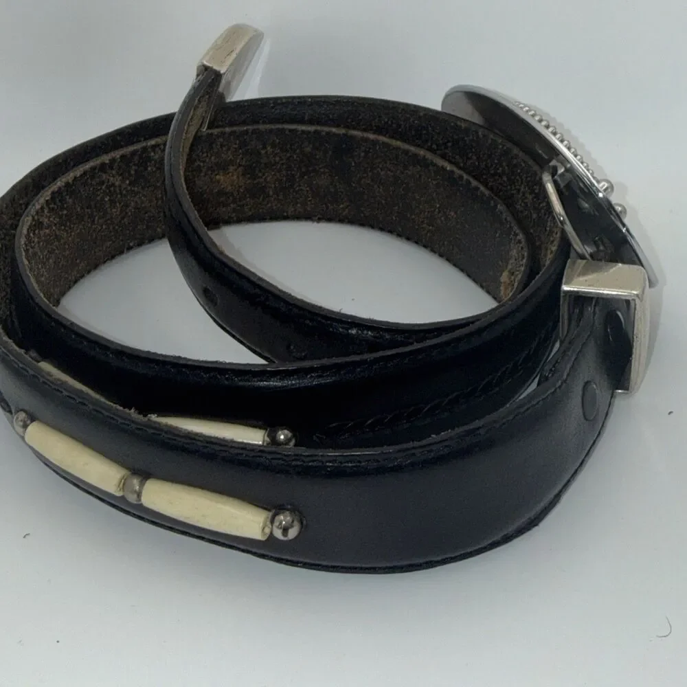 Onyx By Brighton Mens Black Beaded Leather Belt Silver Tone Size 36